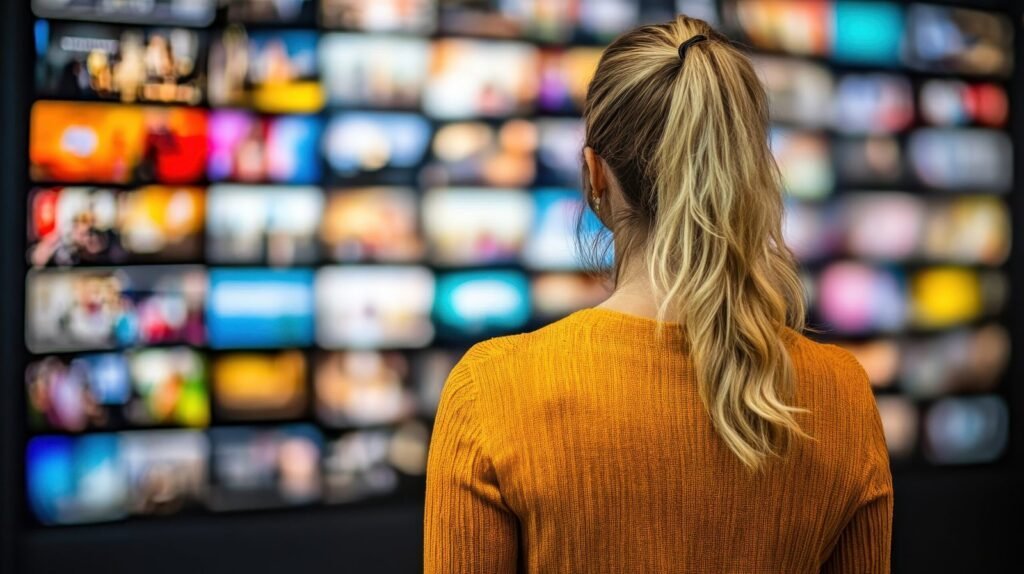 A viewer watching a large screen with a selection of television content
